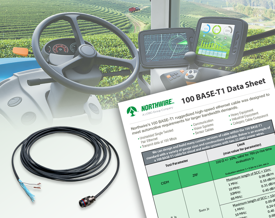 Agriculture equipment cab interior with a 100 BASE T-1 cable and data sheet