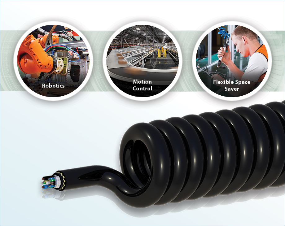 Images of robotics, motion control, and flexible space saver and a 3D coil cord