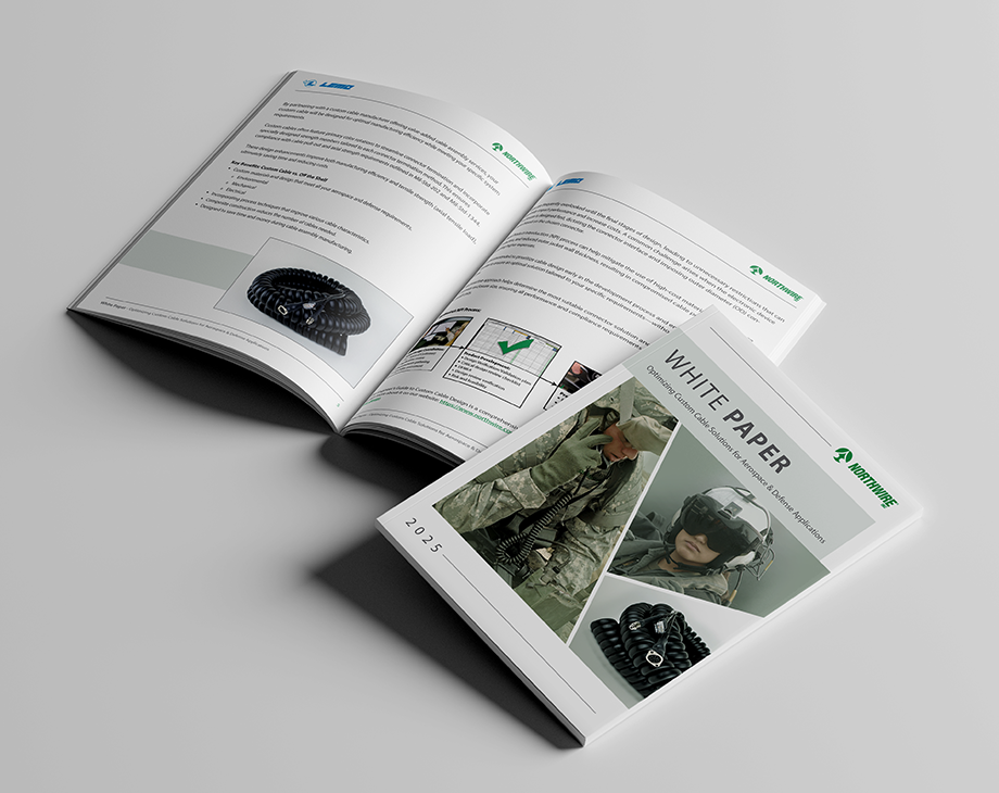 Cover and inside peak at the white paper Optimizing Custom Cable Solutions for Aerospace & Defense